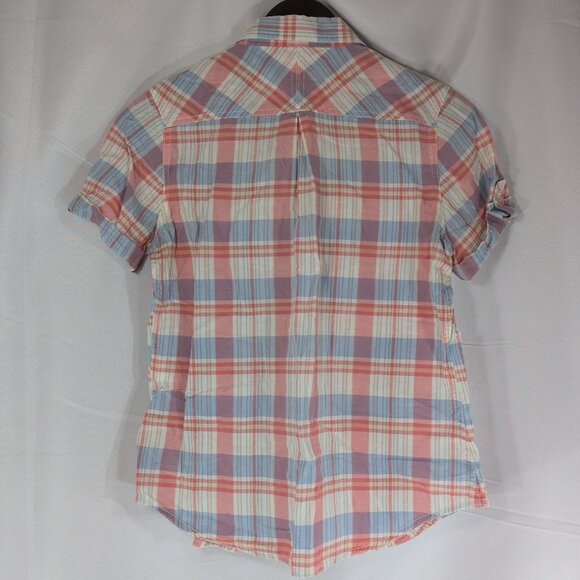Woolrich Plaid Short Sleeve Blouse Button Up Shirt Collar Pink Blue Women's XS - Picture 3 of 13
